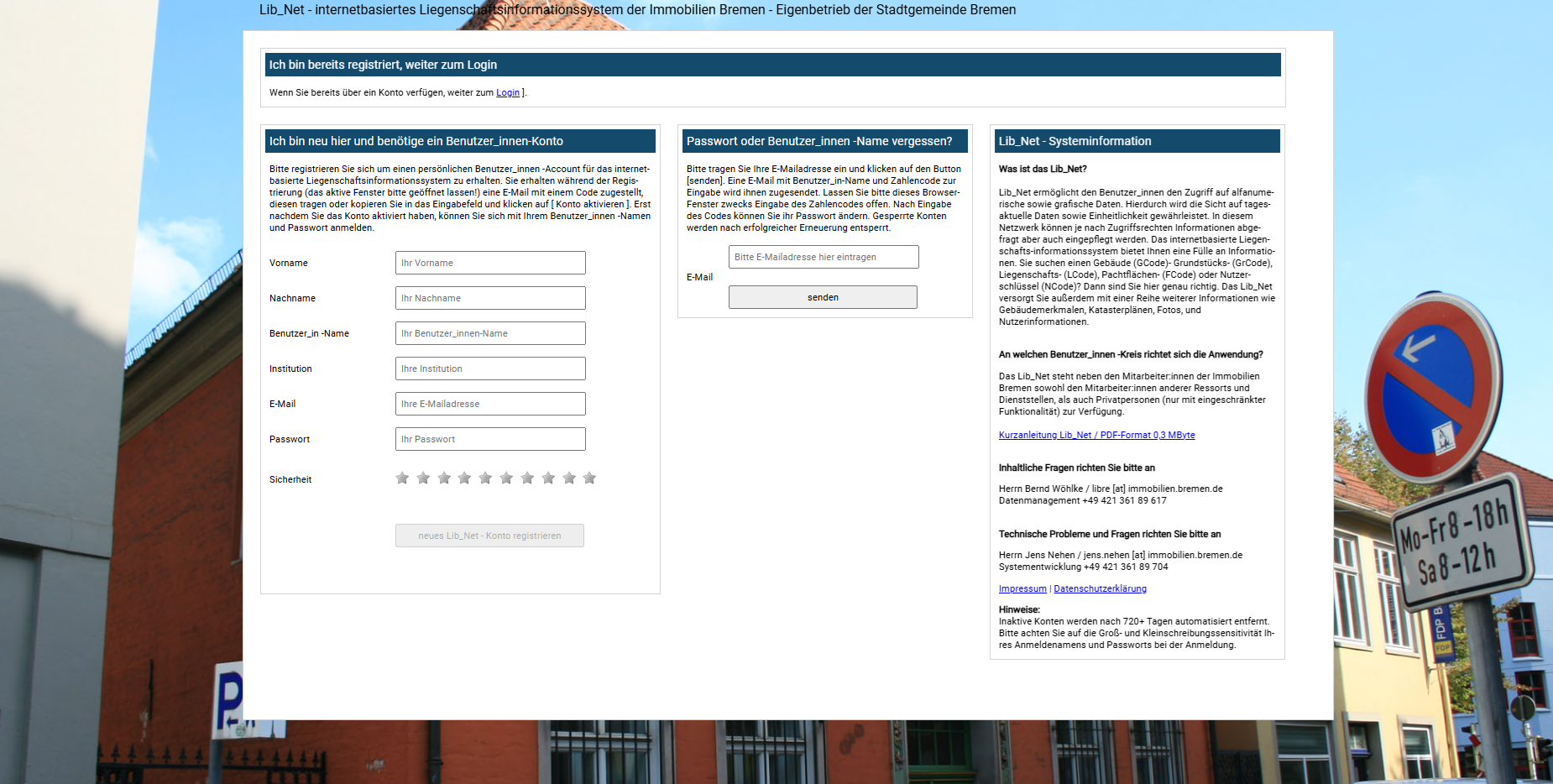 Screenshot des Registrierungsportals